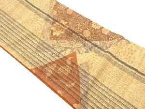 リサイクル　手織紬金彩型染縞に花唐草模様袋帯